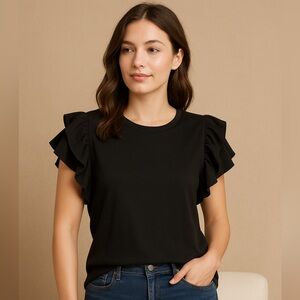 S·DEER / CONCEPT Black Ruffle-Sleeve Knit Top | Soft Drape Pull-On Tee | Size M
